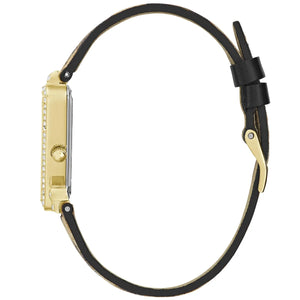 Left side view of the polished gold stainless steel case of Guess Fame GW0504L3