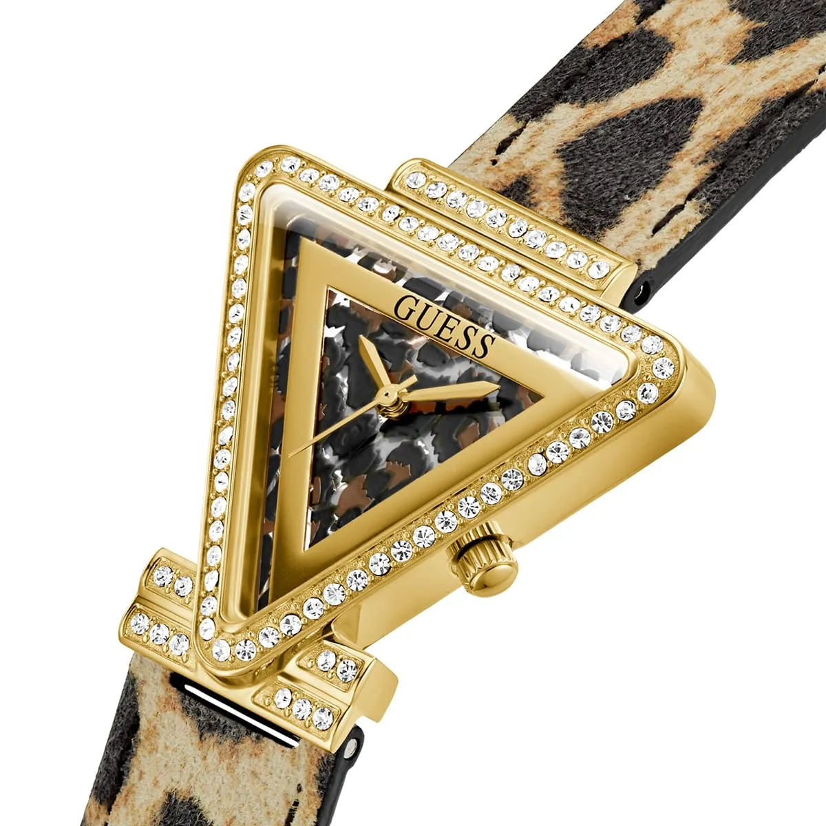 Angled view of the Guess GW0504L3 showing the unique triangle shape