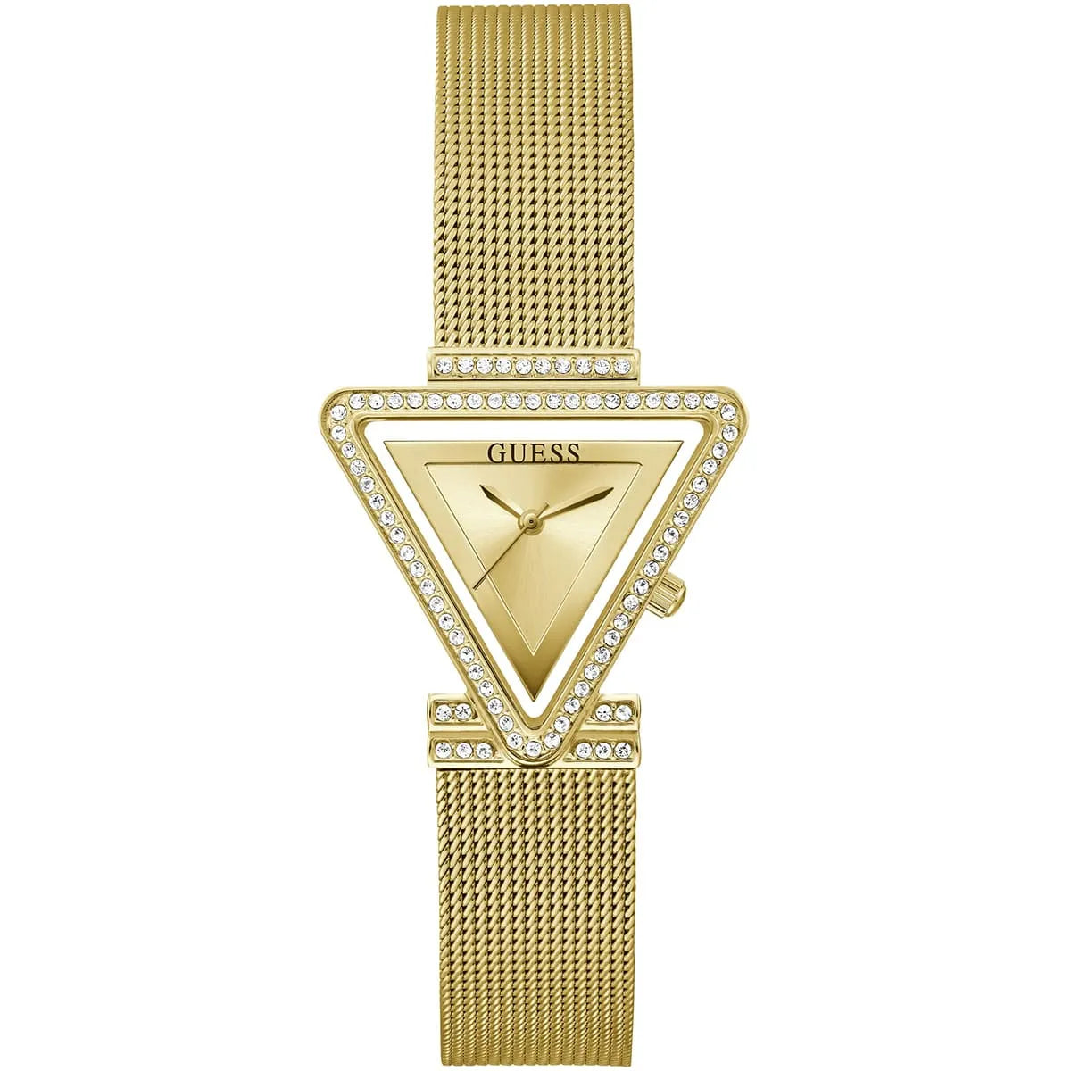 Guess Fame GW0508L2 women's quartz battery watch with gold triangle dial, gold triangle case with crystal bezel, gold stainless steel mesh bracelet main view