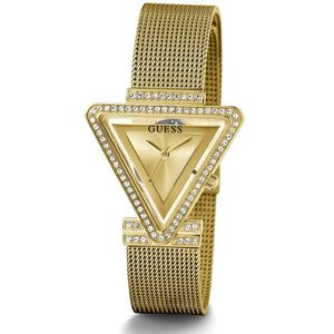 Right angled view of Guess Fame GW0508L2 women's quartz battery watch highlighting gold finish and crystal bezel details
