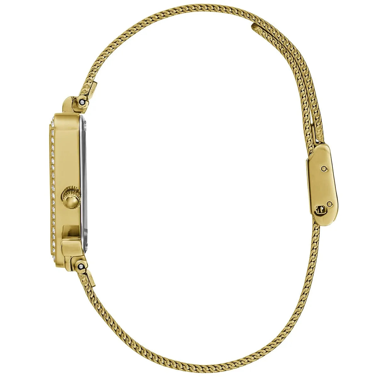 Side profile of Guess Fame GW0508L2 women's quartz battery watch showing 8mm thickness and polished gold finish