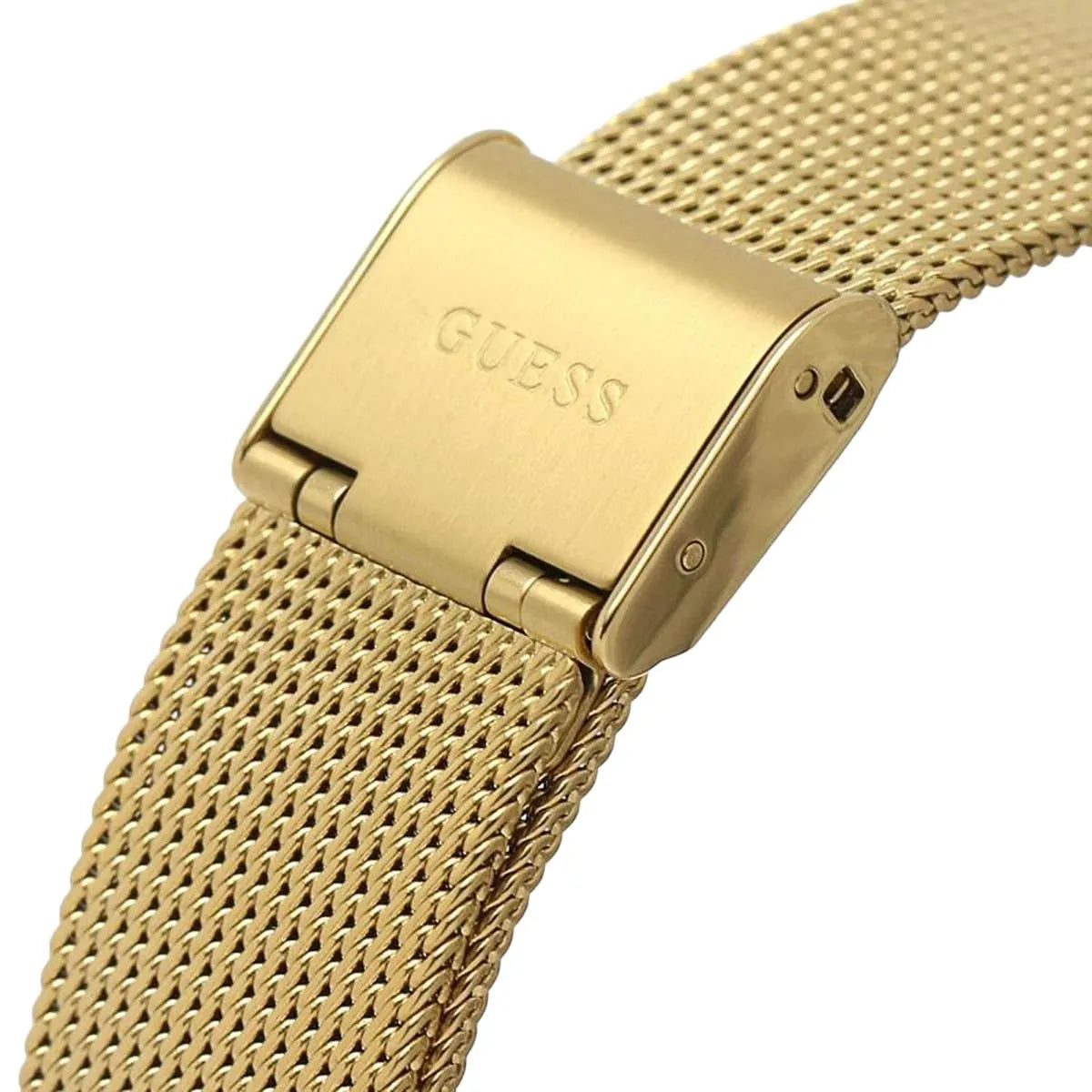 Gold-tone adjustable sliding clasp on Guess Fame GW0508L2 women's quartz battery gold mesh bracelet watch