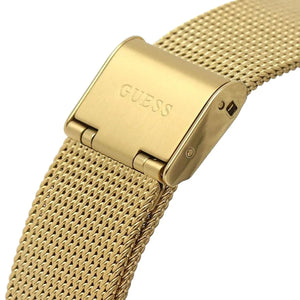Gold-tone adjustable sliding clasp on Guess Fame GW0508L2 women's quartz battery gold mesh bracelet watch