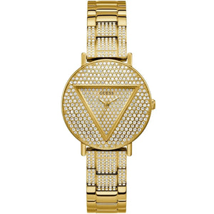Guess Trend GW0512L2 women's quartz battery watch with full crystal encrusted dial, signature triangle logo, gold case, gold stainless steel bracelet with crystals main view