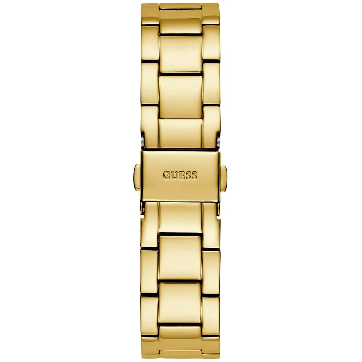 Gold-tone adjustable sliding clasp on Guess Fame GW0508L2 women's quartz battery gold mesh bracelet watch