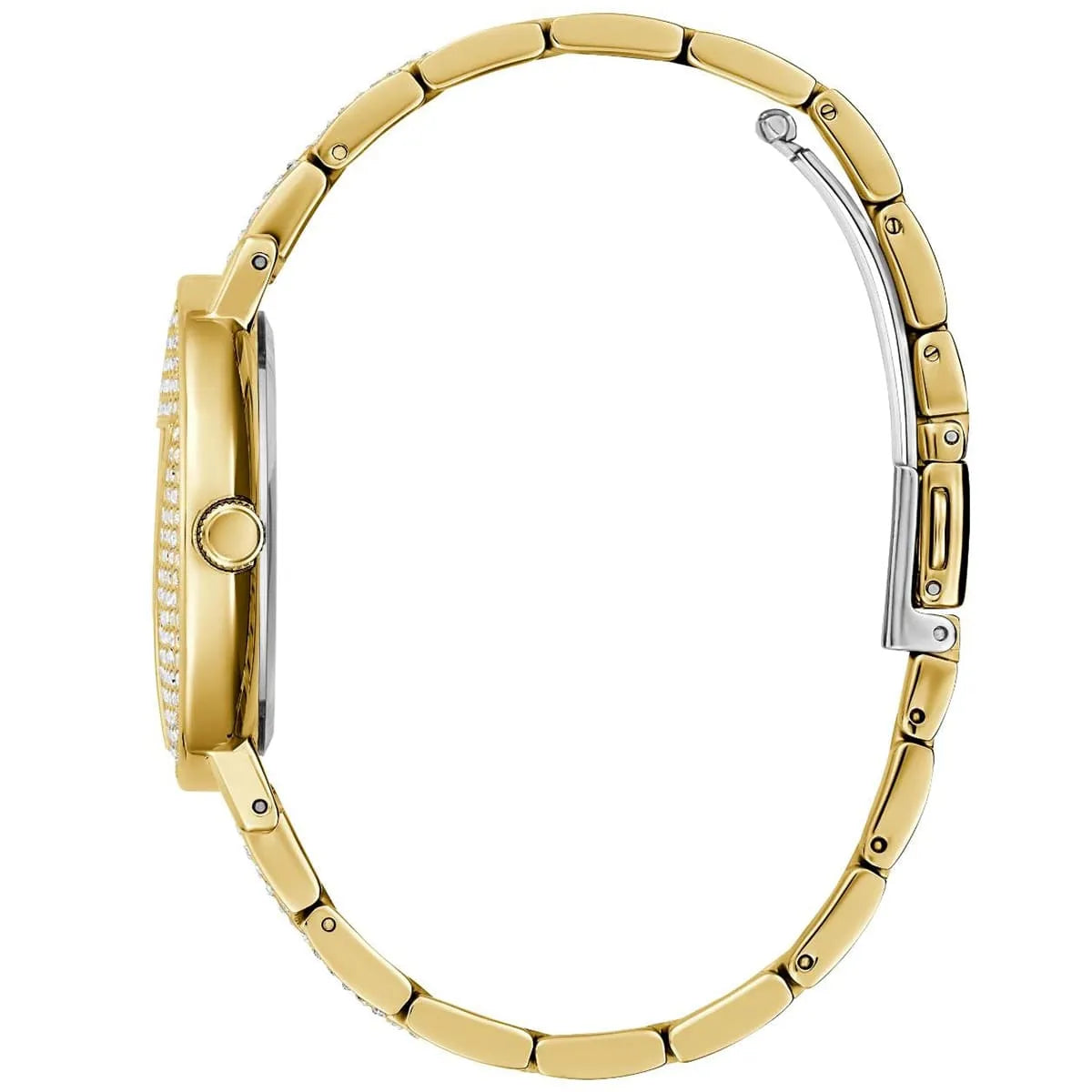 Left angled view of Guess Trend GW0512L2 women's quartz battery watch showing crystal center links on gold metal bracelet and case profile