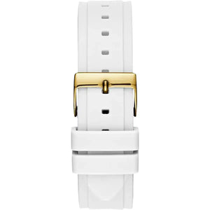 Photo of the gold buckle on the white rubber strap of Guess GW0519L2