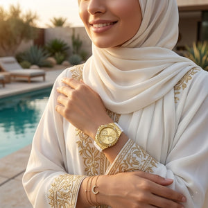 Lifestyle photo of Guess GW0519L2 showing the watch on a woman's wrist with accessories