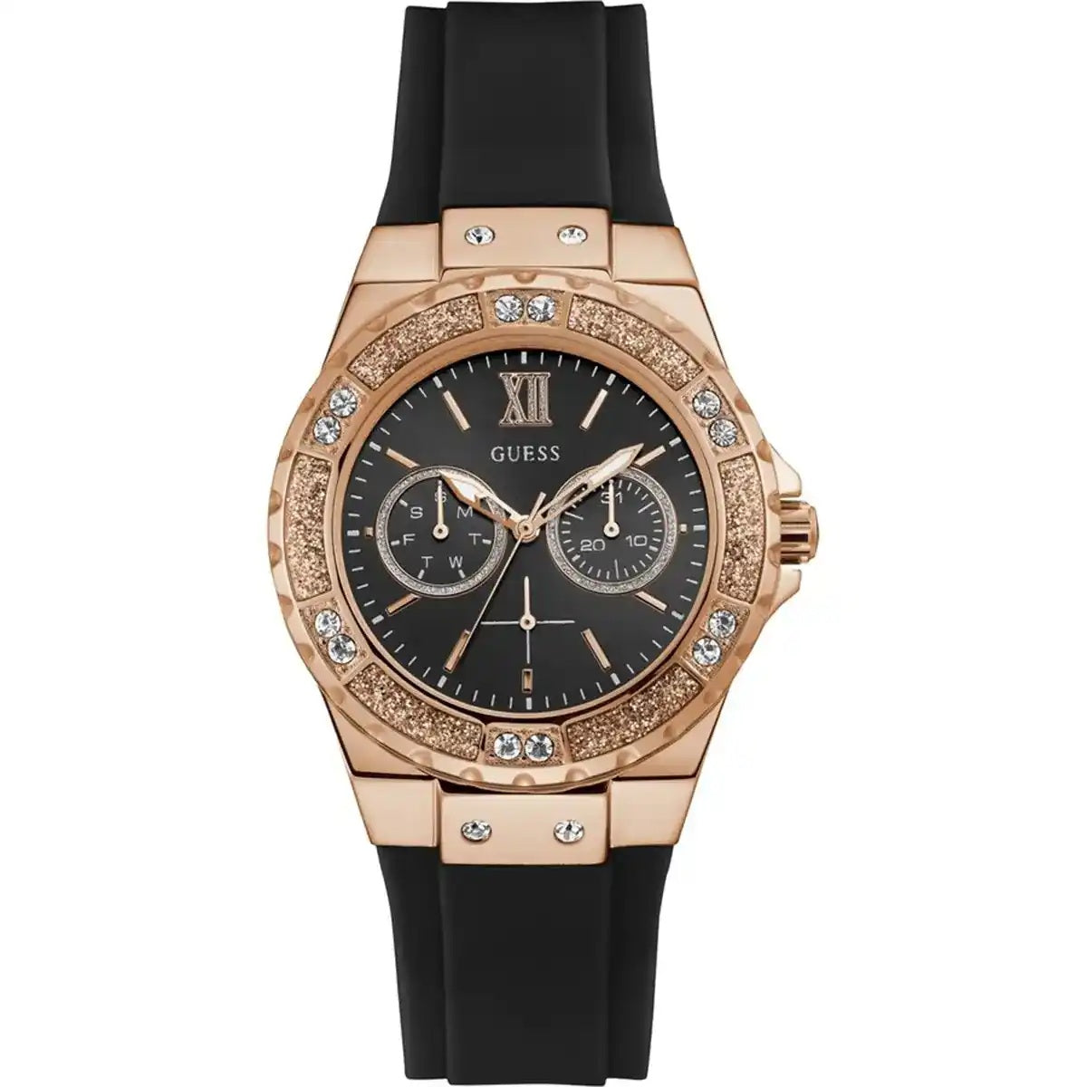 Guess Limelight GW0519L4 women's watch featuring a rose gold-tone case with crystal bezel, black multi-function dial, and black rubber strap