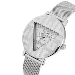 Right angled view of Guess Iconic GW0527L1 women's quartz battery watch highlighting silver finish and minimalist details