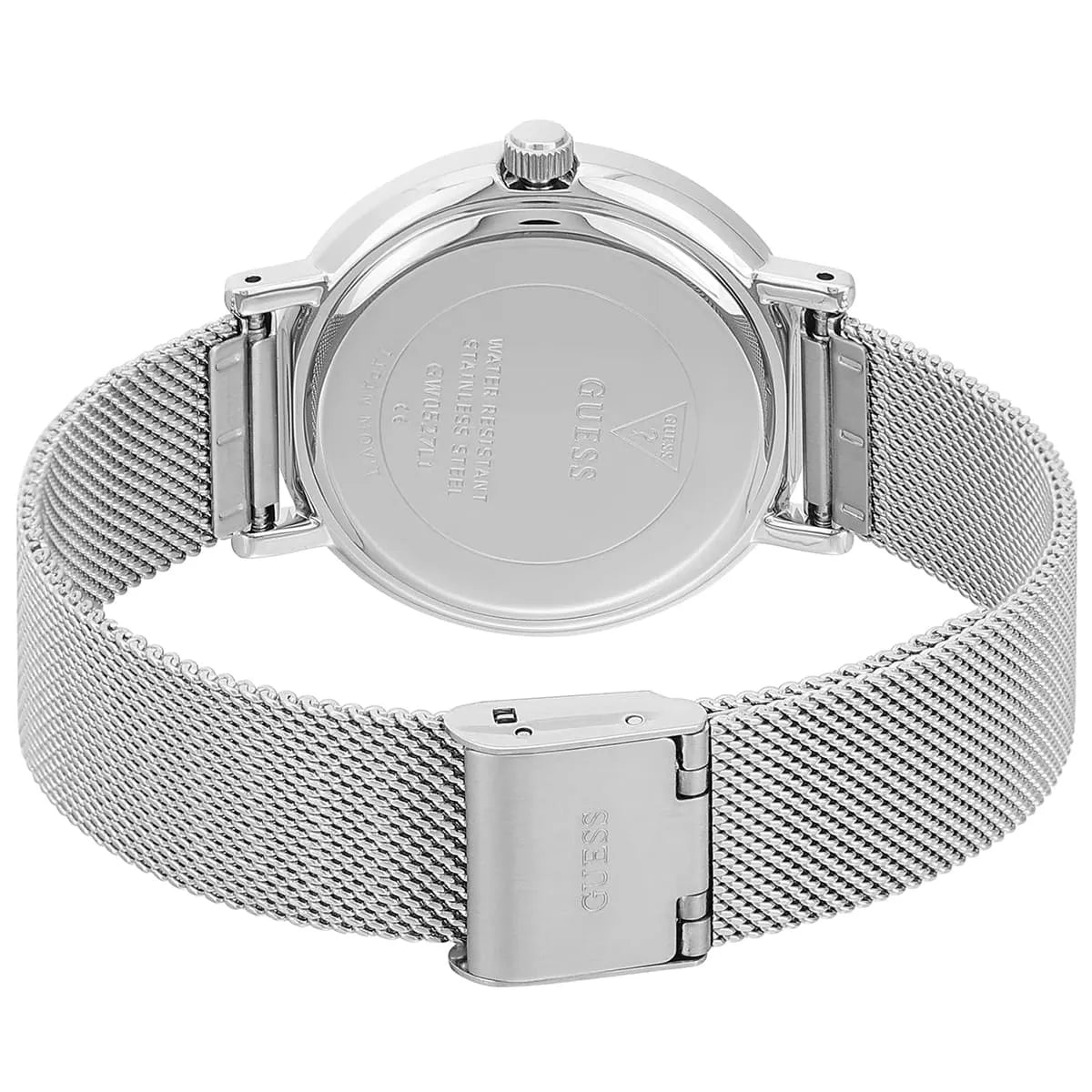 Silver-tone adjustable sliding clasp on Guess Iconic GW0527L1 women's quartz battery silver mesh bracelet watch