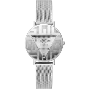 Guess Iconic GW0527L1 women's quartz battery watch with silver dial featuring signature triangle logo, silver case, silver stainless steel mesh bracelet main view