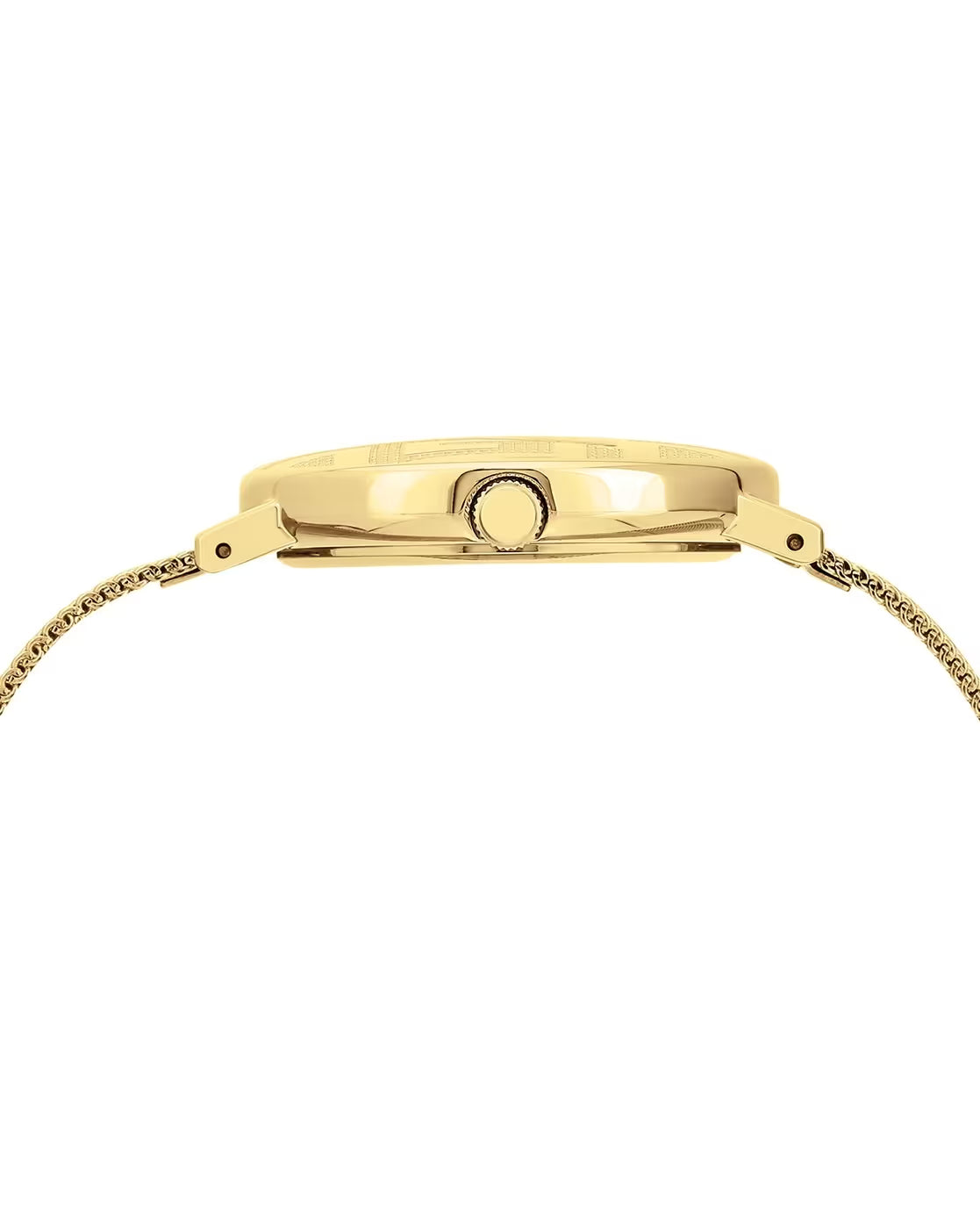 Left angled view of Guess Iconic GW0527L2 women's quartz battery watch showing gold mesh strap and sleek case profile