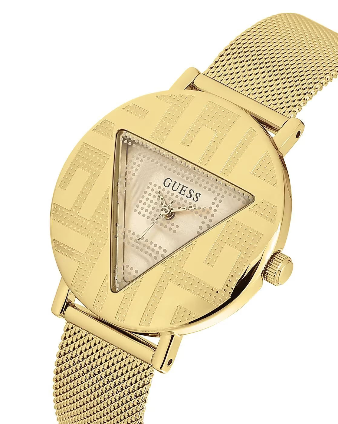 Right angled view of Guess Iconic GW0527L2 women's quartz battery watch highlighting gold finish and minimalist details