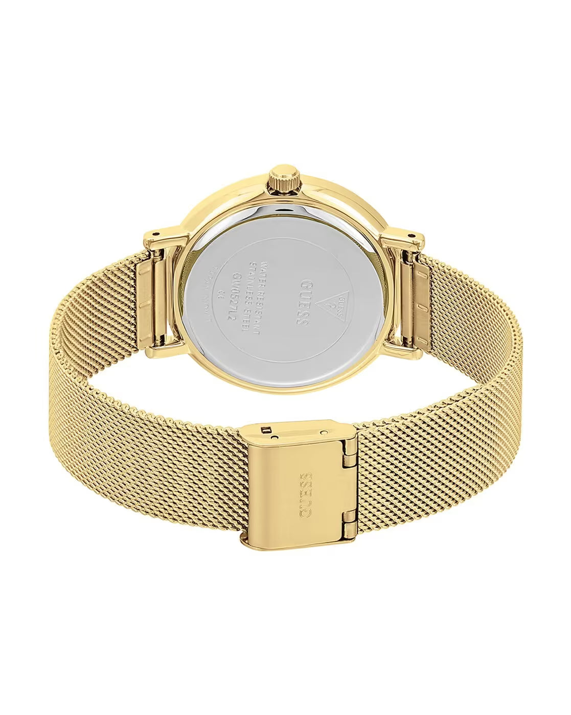 Gold-tone adjustable sliding clasp on Guess Iconic GW0527L2 women's quartz battery gold mesh bracelet watch