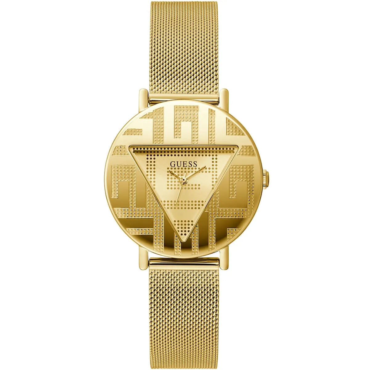 Guess Iconic GW0527L2 women's quartz battery watch with gold dial featuring signature triangle logo, gold case, gold stainless steel mesh bracelet main view