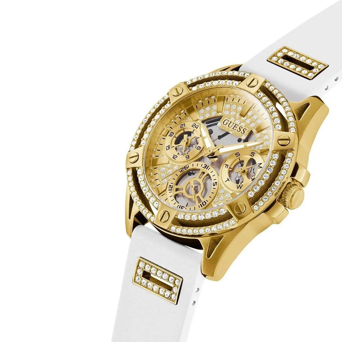 Guess Queen GW0536L2 women's watch - champagne dial white rubber strap, side angle