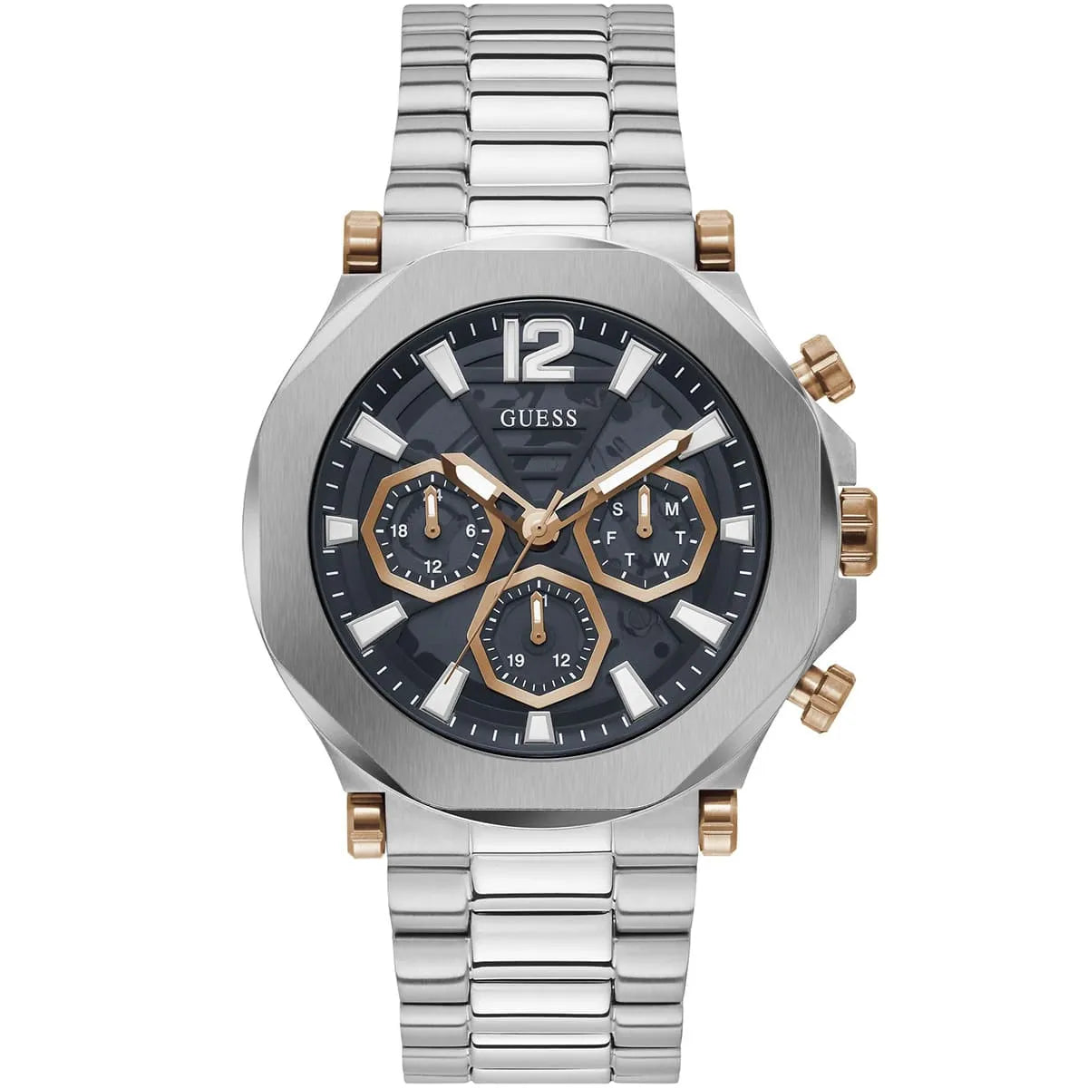 Guess Edge GW0539G1 men's watch with silver stainless steel geometric case and rose gold accents
