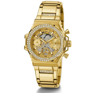 Left angled view of Guess Fusion GW0552L2 women's quartz battery watch showing gold metal bracelet and case profile