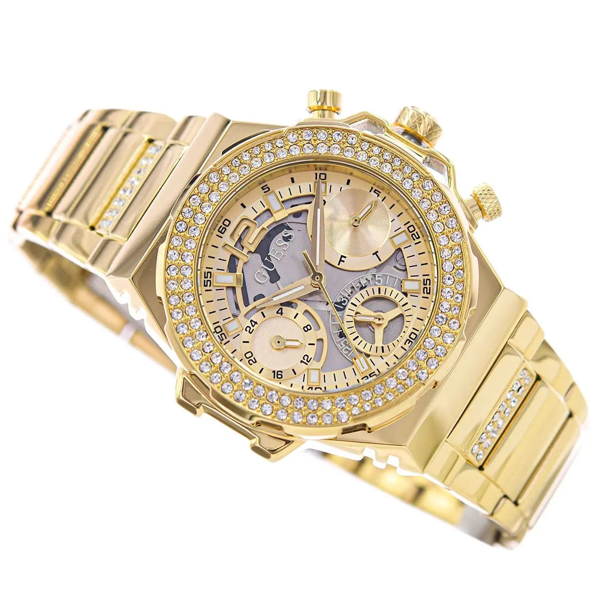 Right angled view of Guess Fusion GW0552L2 women's quartz battery watch highlighting gold finish and crystal bezel details