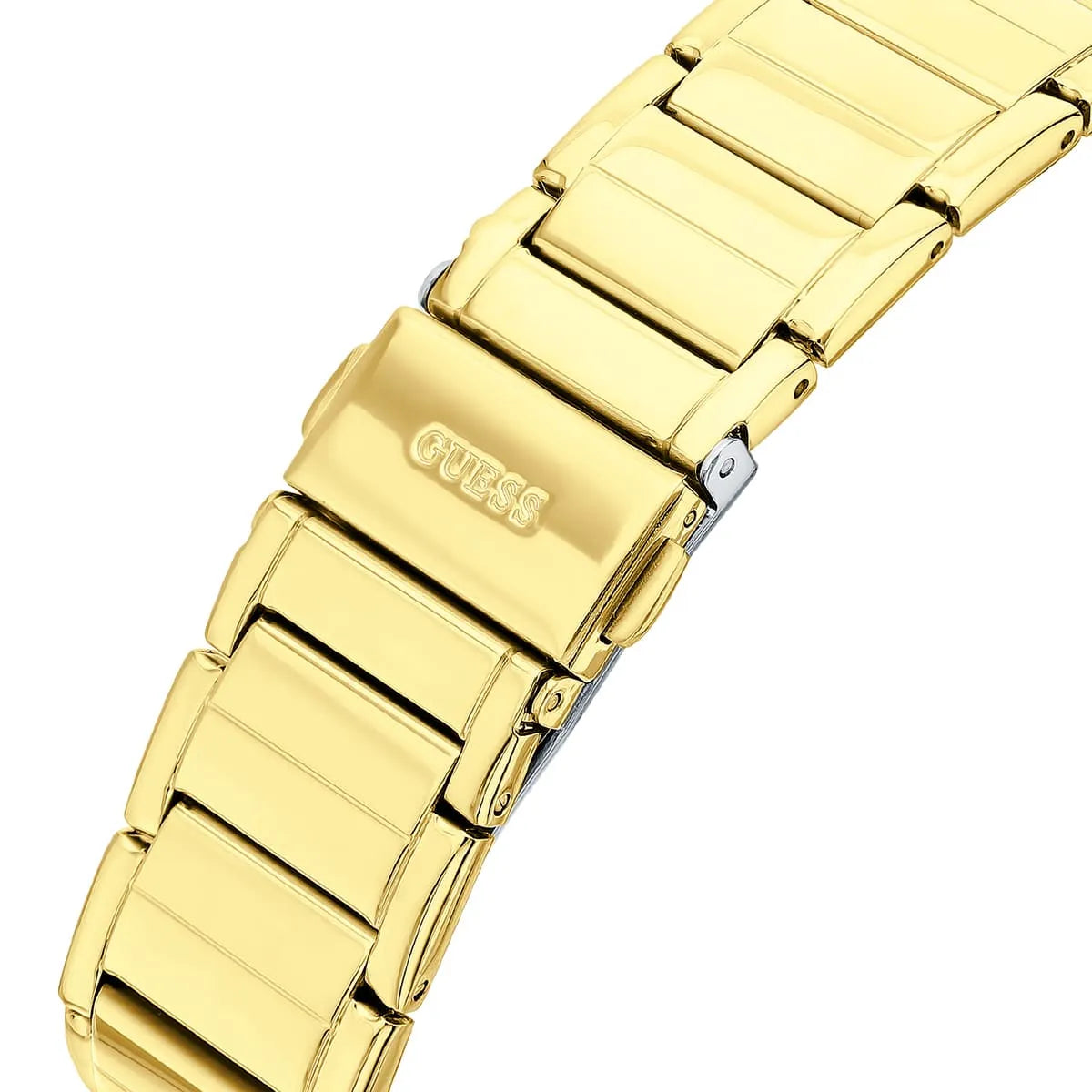 Gold-tone deployment clasp on Guess Fusion GW0552L2 women's quartz battery gold stainless steel bracelet watch