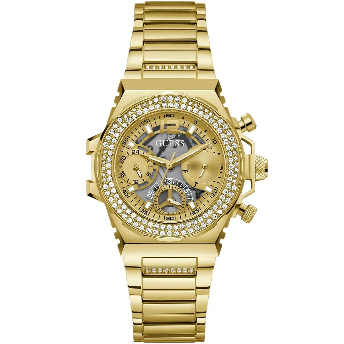 Guess Fusion GW0552L2 women's quartz battery watch with gold cut-out dial, multi-function sub-dials, gold case with crystal bezel, gold stainless steel bracelet main view