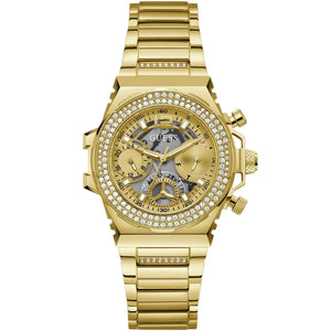 Guess Fusion GW0552L2 women's quartz battery watch with gold cut-out dial, multi-function sub-dials, gold case with crystal bezel, gold stainless steel bracelet main view