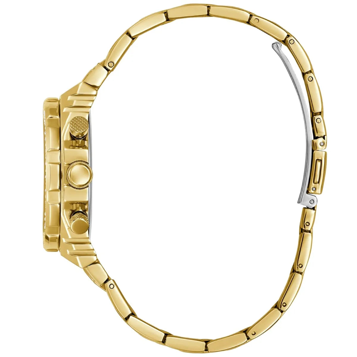 Side profile of Guess Fusion GW0552L2 women's quartz battery watch showing 10.5mm thickness and gold finish