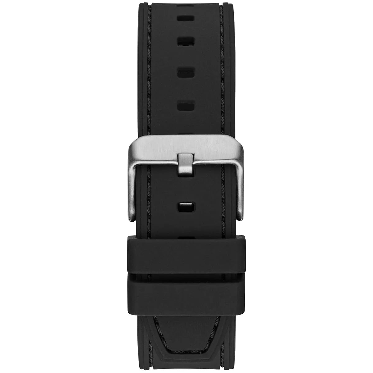 Silver-tone pin buckle on the black rubber strap of the Guess GW0571G1