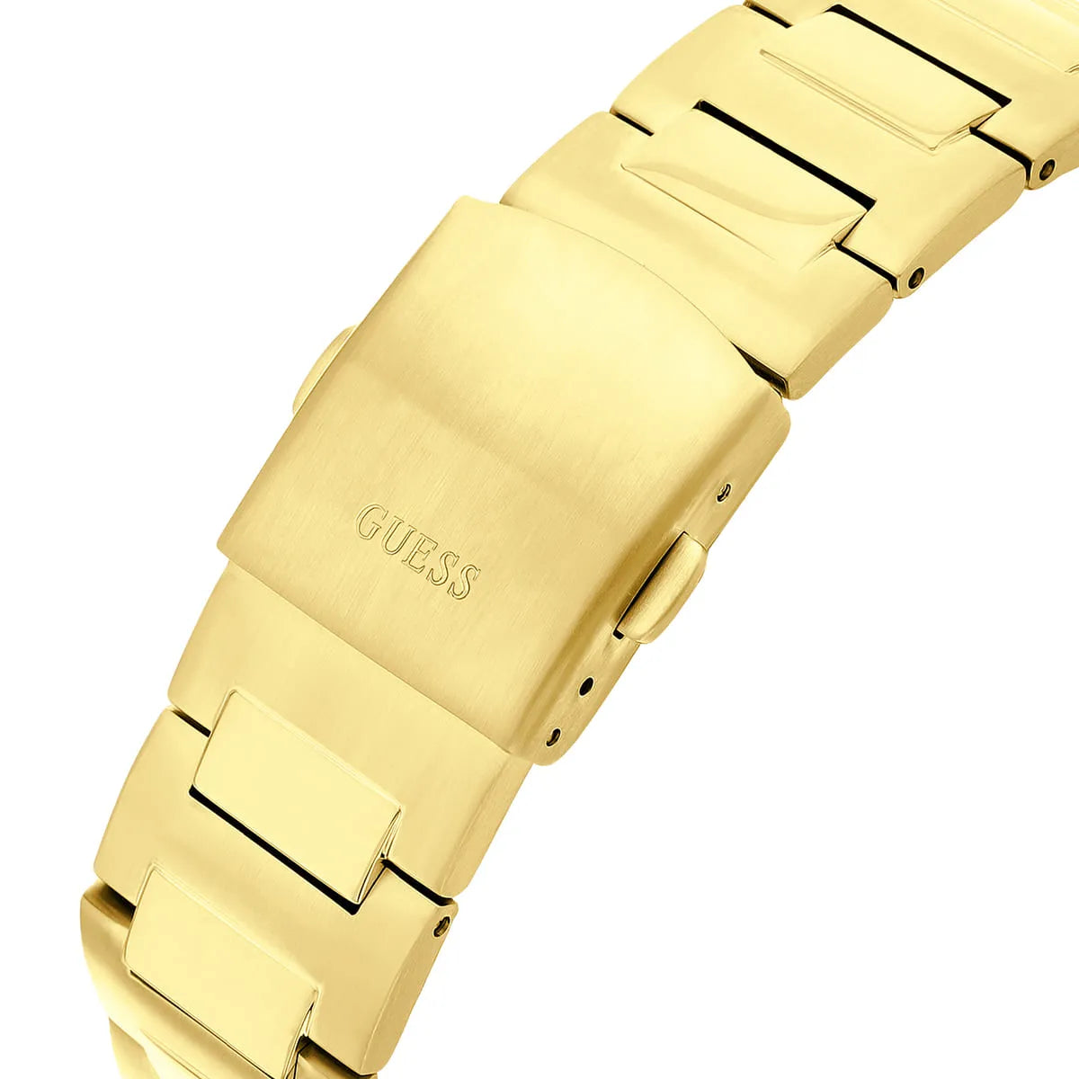 Gold-tone deployment clasp on the stainless steel bracelet of the Guess GW0572G2
