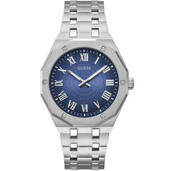 A Guess men's analog watch with a silver stainless steel octagonal case and link bracelet, featuring a textured blue sunburst dial with white Roman numerals.