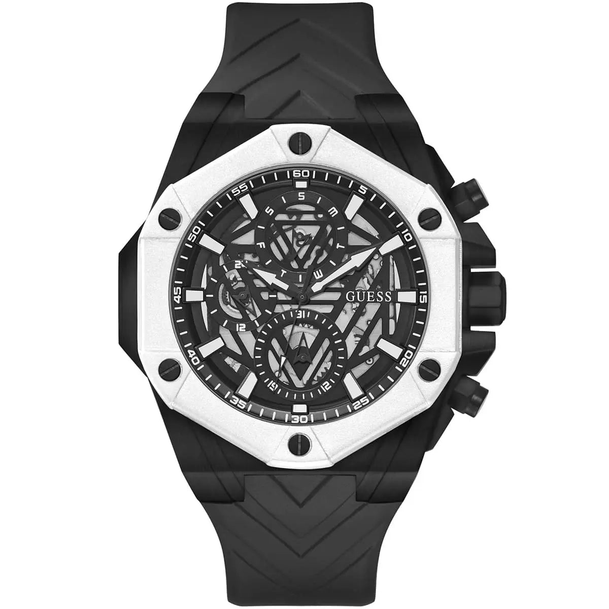 Guess Formula GW0579G1 men's watch with black case, white bezel, skeleton dial, and black rubber strap