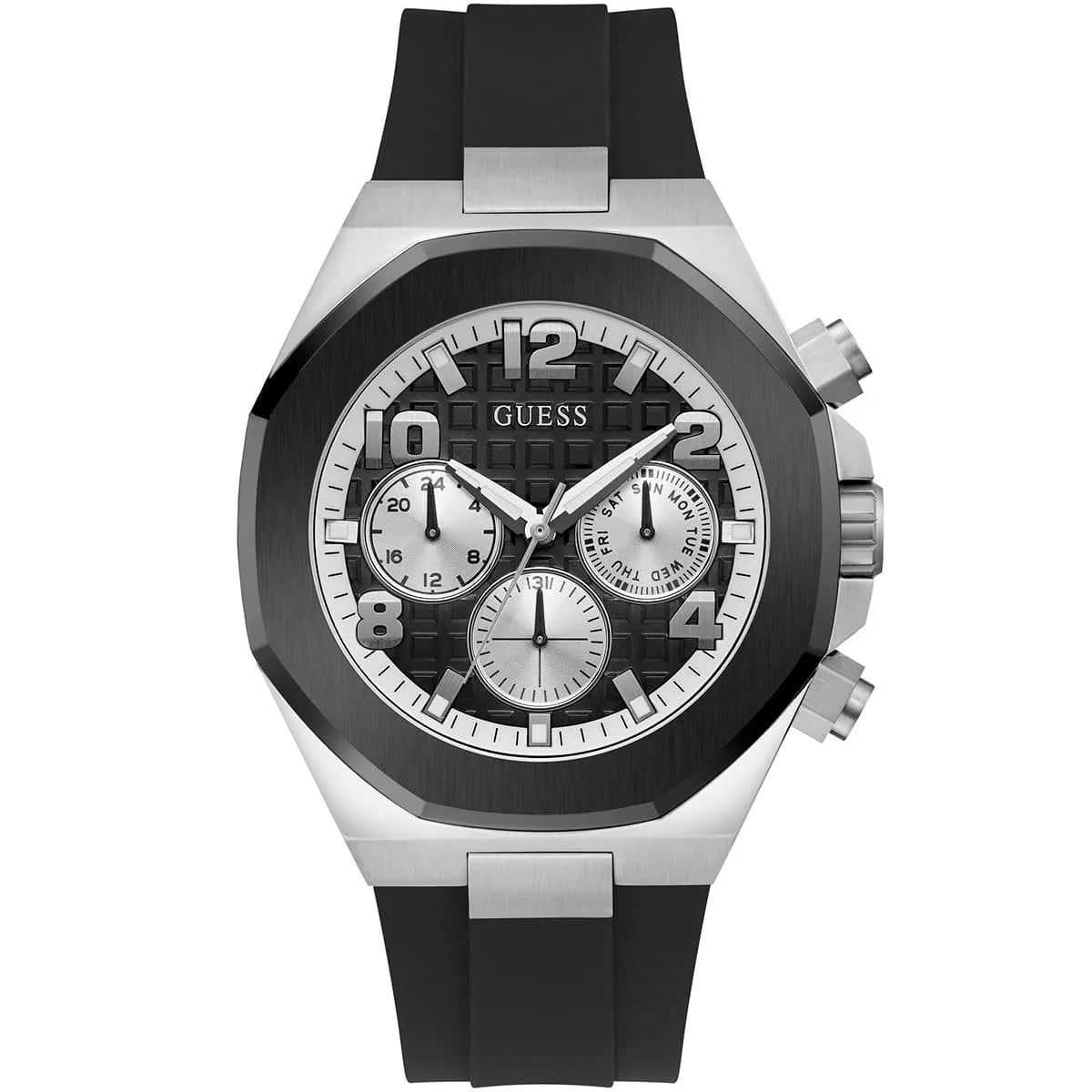 Guess Empire GW0583G1 men's watch with silver case, black grid dial, and black rubber strap