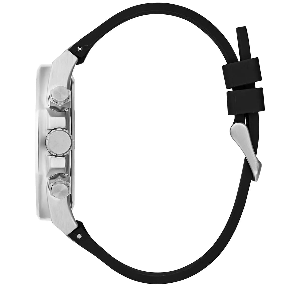 Detailed side view of the silver crown and pushers on the Guess GW0583G1