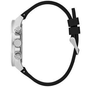 Detailed side view of the silver crown and pushers on the Guess GW0583G1