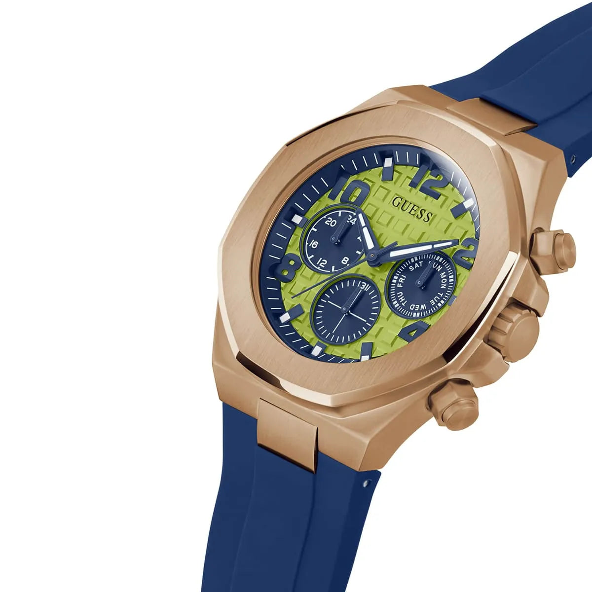 Side profile view of the 12mm thick rose gold stainless steel case of the Guess Empire watch