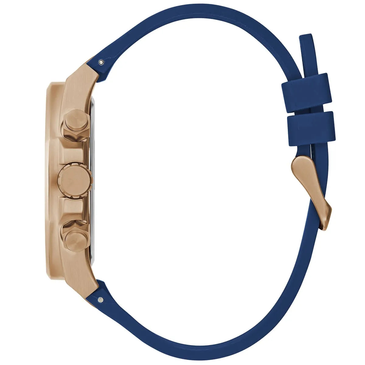 Detailed side view of the rose gold crown and pushers on the Guess GW0583G3