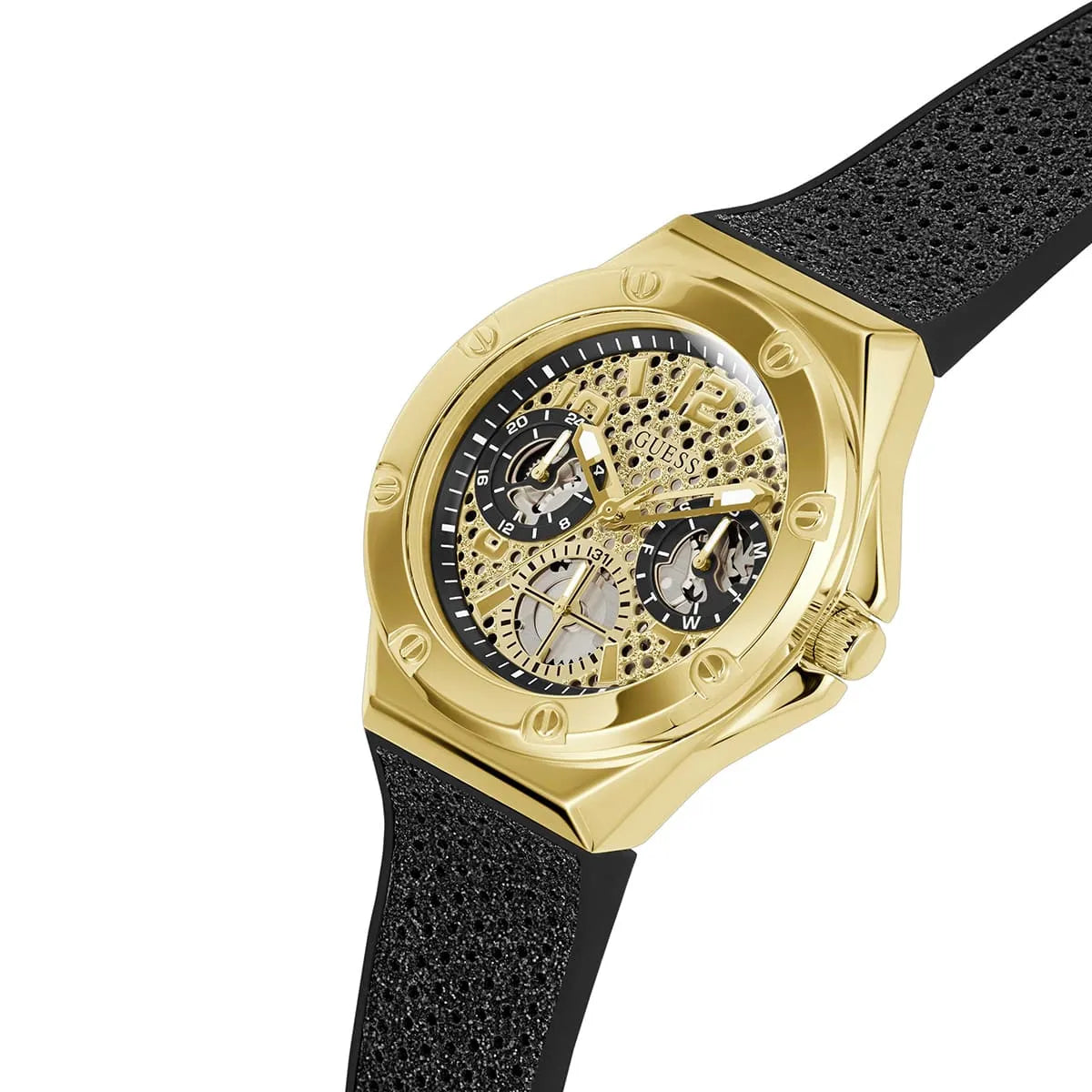 Left angled view of Guess Asteria GW0620L2 women's quartz battery watch showing black rubber strap and gold-tone case profile
