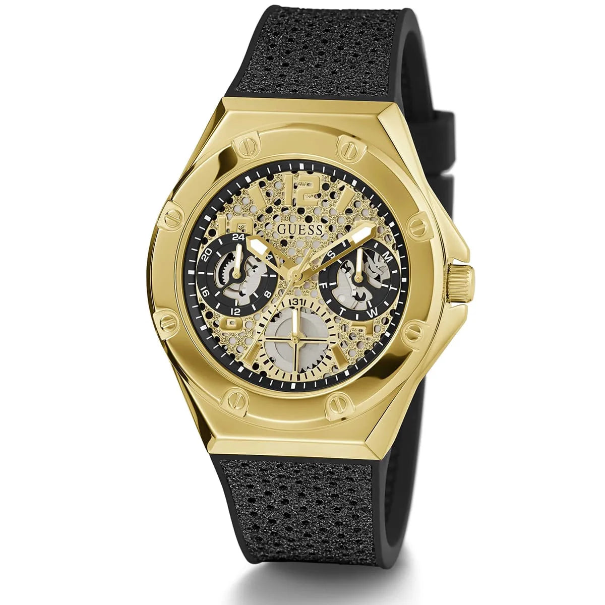 Right angled view of Guess Asteria GW0620L2 women's quartz battery watch highlighting gold finish and industrial bezel details