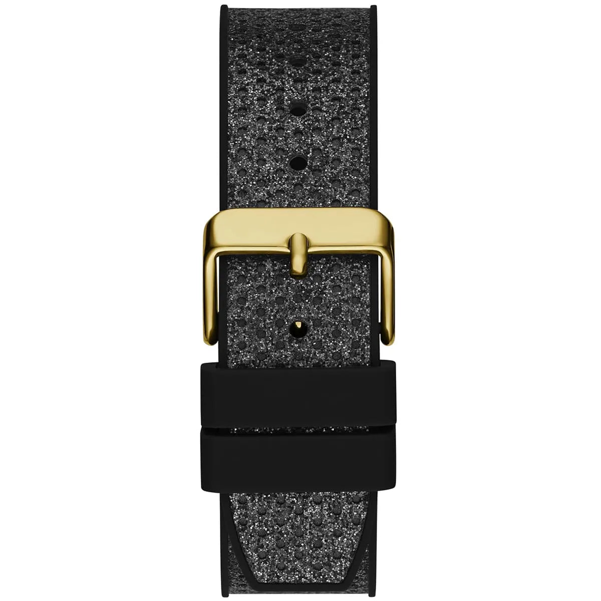 Gold-tone buckle clasp on Guess Asteria GW0620L2 women's quartz battery black rubber strap watch