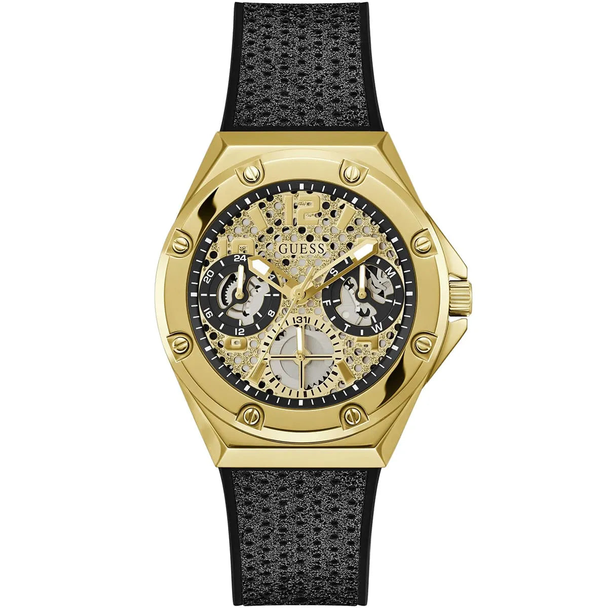 Guess Asteria GW0620L2 women's quartz battery watch with gold cut-out skeletonized dial, multi-function sub-dials, gold case, textured black rubber strap main view
