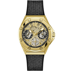 Guess Asteria GW0620L2 women's quartz battery watch with gold cut-out skeletonized dial, multi-function sub-dials, gold case, textured black rubber strap main view