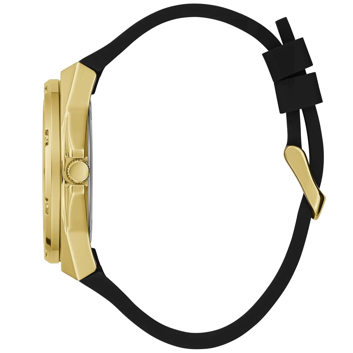 Side profile of Guess Asteria GW0620L2 women's quartz battery watch showing 11mm thickness and gold finish