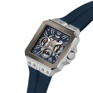 Left angled view of Guess LEO GW0637G1 men's quartz battery watch showing unique animal print rubber strap and sleek case profile