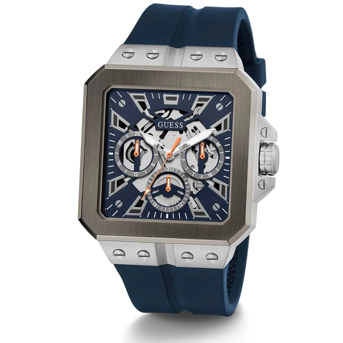 Right angled view of Guess LEO GW0637G1 men's quartz battery watch highlighting polished silver finish and case details