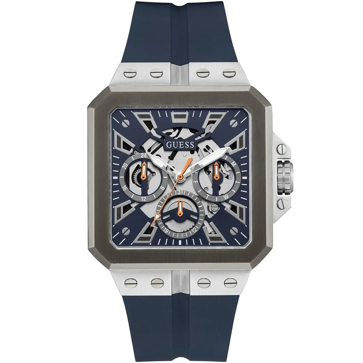 Guess LEO GW0637G1 men's quartz battery watch with deep navy blue dial featuring grid pattern, multi-function sub-dials, silver case with crystal bezel and screw details, navy blue rubber strap with animal print texture main view