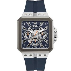 Guess LEO GW0637G1 men's quartz battery watch with deep navy blue dial featuring grid pattern, multi-function sub-dials, silver case with crystal bezel and screw details, navy blue rubber strap with animal print texture main view