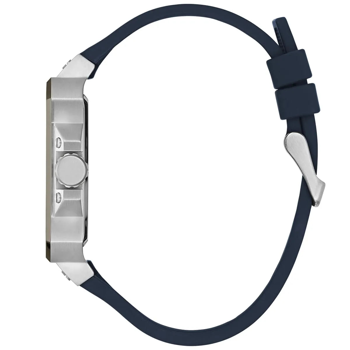 Side profile of Guess LEO GW0637G1 men's quartz battery watch showing 11mm thickness and polished silver finish