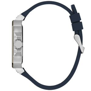Side profile of Guess LEO GW0637G1 men's quartz battery watch showing 11mm thickness and polished silver finish