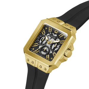 Left angled view of Guess LEO GW0637G2 men's quartz battery watch showing unique animal print rubber strap and sleek case profile
